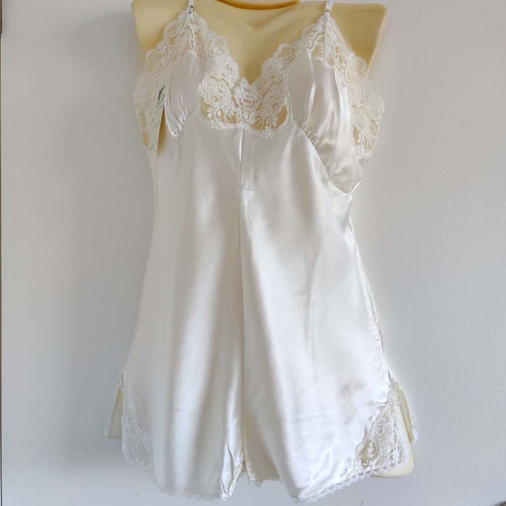 NWT Silk Lingerie Romper | Satin Bodysuit/Playsuit with Lace Slit- White